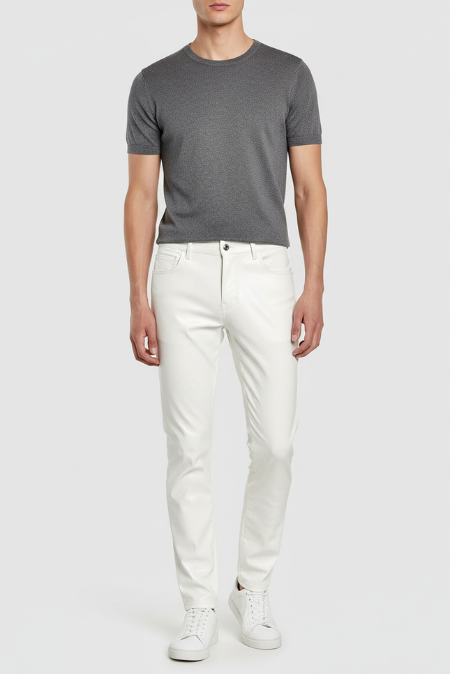 Pantalon Beige Similicuir Slim Fit Homme - Blanc Simili cuir