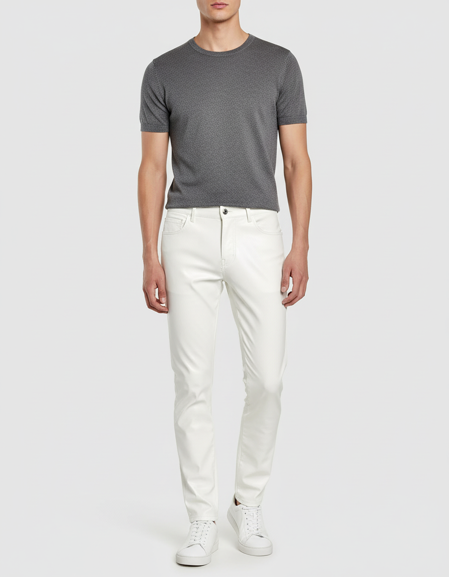 Pantalon Beige Similicuir Slim Fit Homme - Blanc Simili cuir