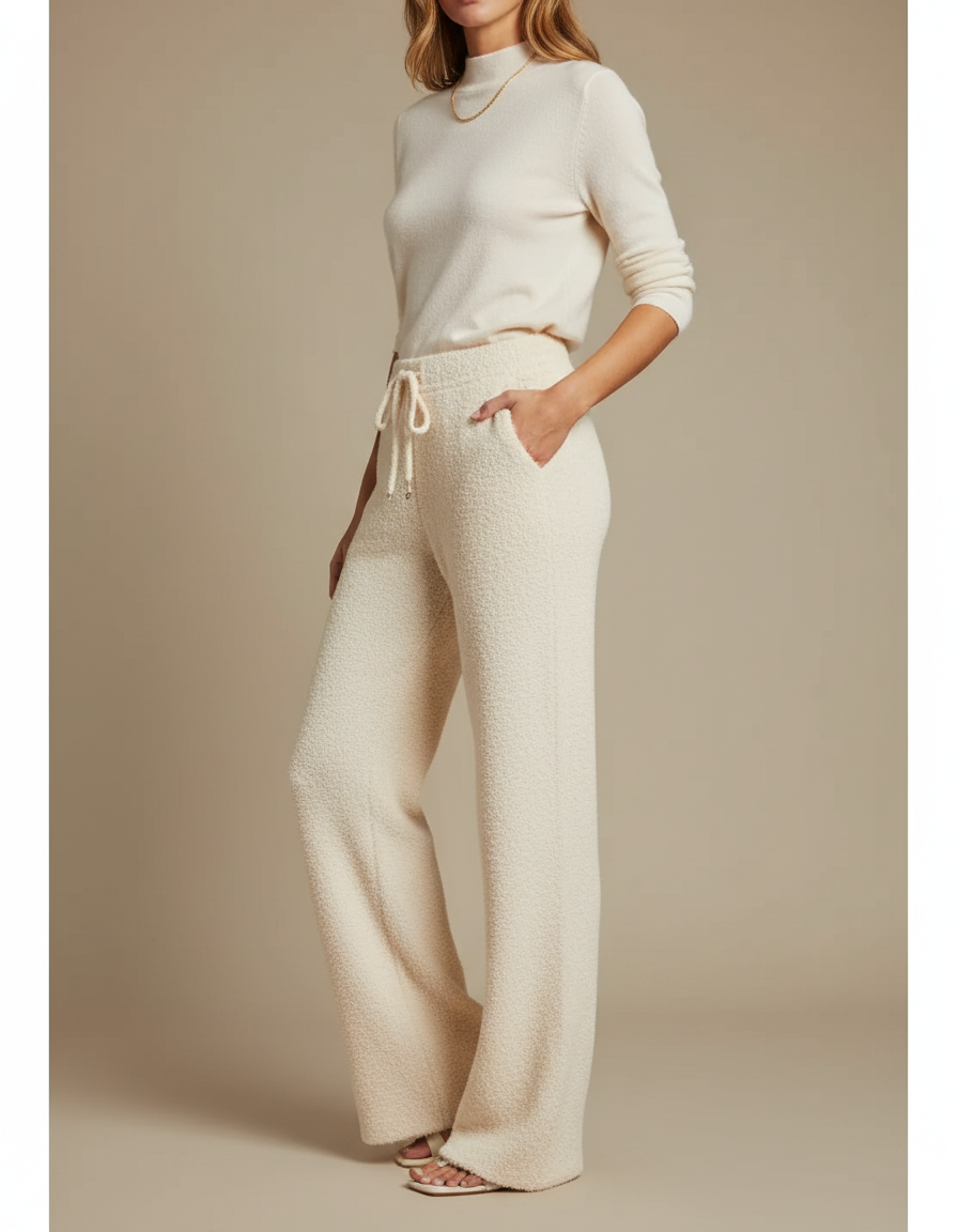 Pantalon Beige Bouclé Ample Confortable Décontracté Femme - Maille