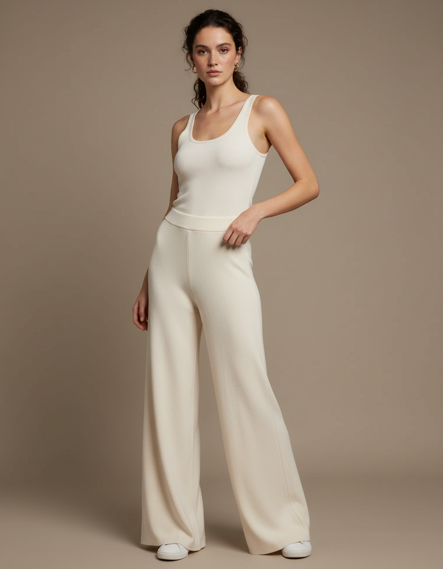 Pantalon Beige Large Tricoté Confortable Élégant - Maille