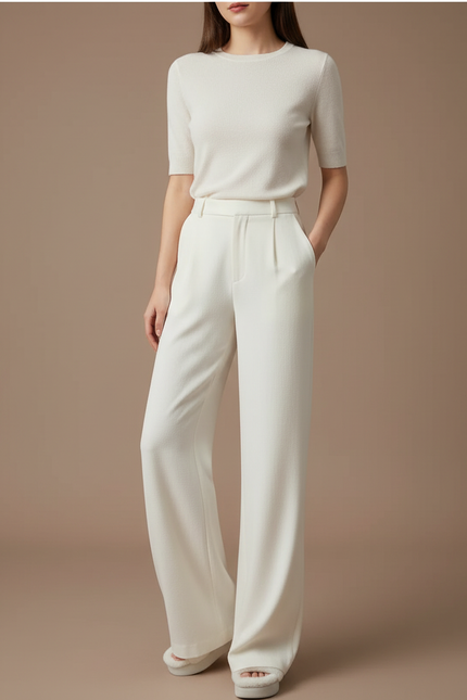 Pantalon Beige Ample Fluide Taille Haute Élégant - Viscose