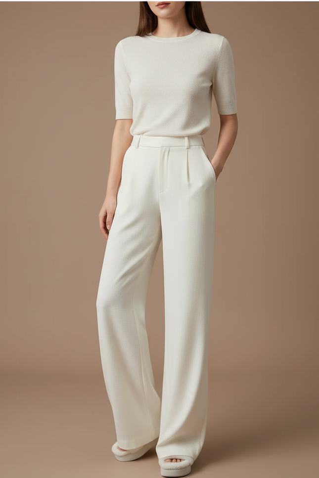 Pantalon Beige Ample Fluide Taille Haute Élégant - Viscose