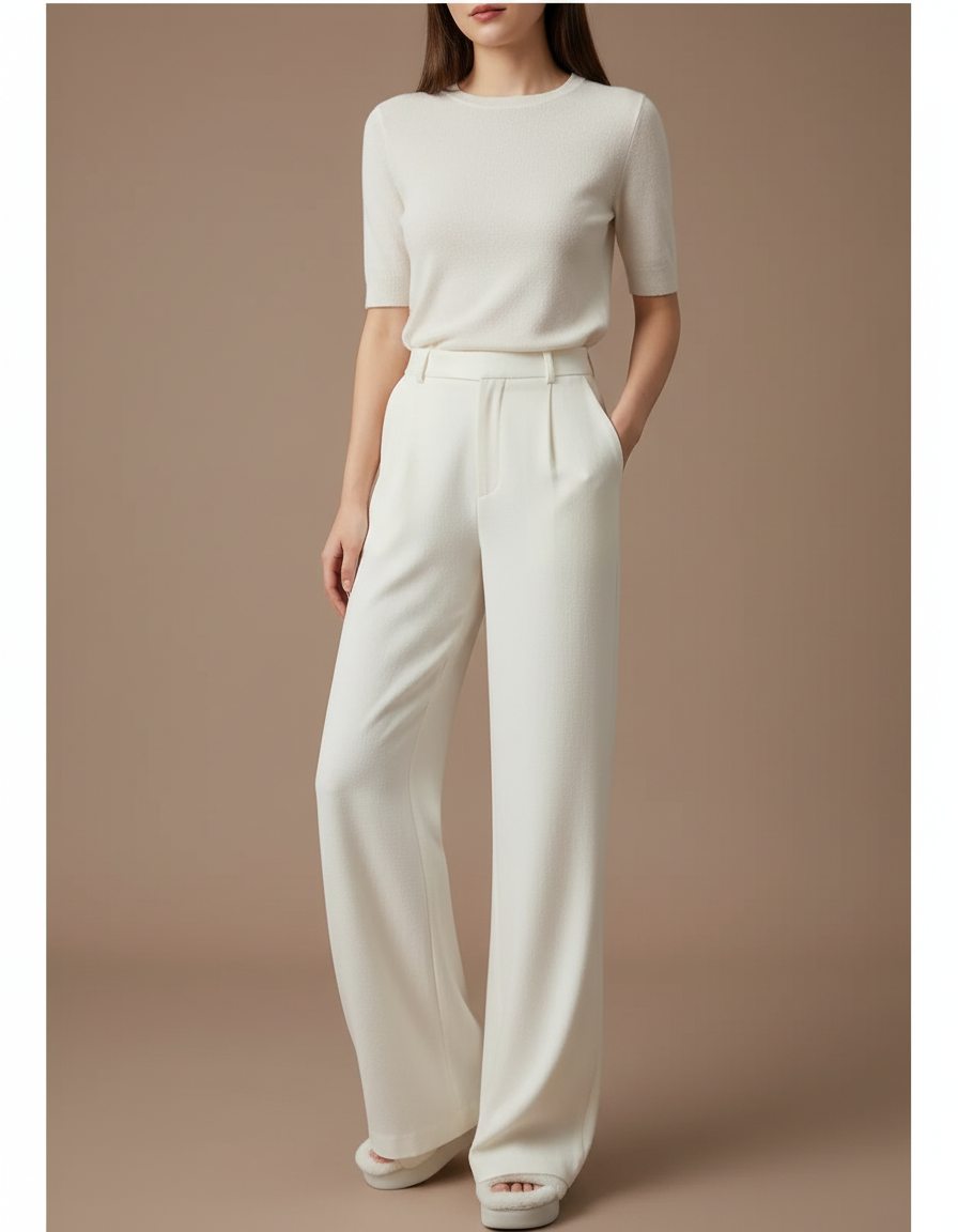 Pantalon Beige Ample Fluide Taille Haute Élégant - Viscose
