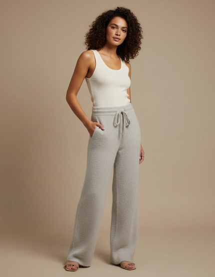 Pantalon Beige Ample Tricoté Doux Confortable Femme - Gris Maille