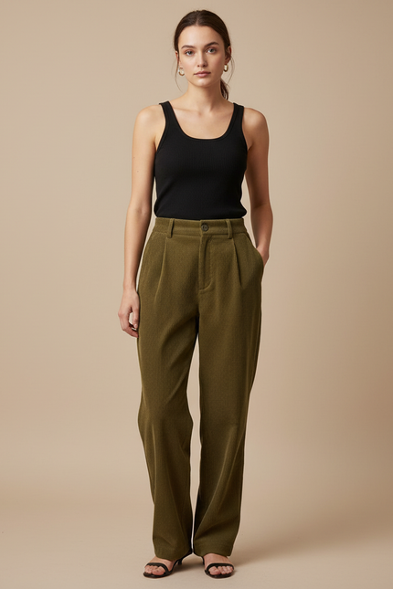 Pantalon Beige Côtelé Droit Ample Taille Haute - Kaki Cordé