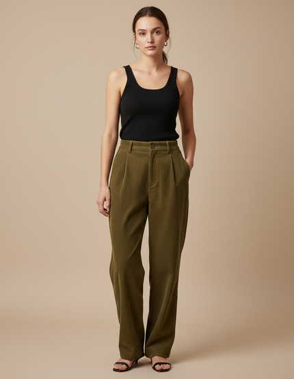 Pantalon Beige Côtelé Droit Ample Taille Haute - Kaki Cordé