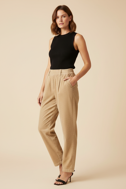 Pantalon Beige Côtelé Taille Haute Décontracté Femme - Cordé
