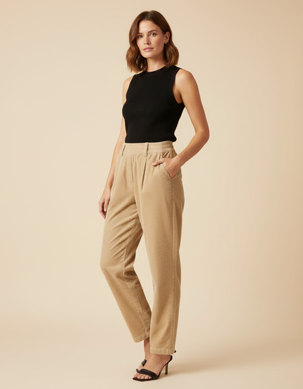 Pantalon Beige Côtelé Taille Haute Décontracté Femme - Cordé