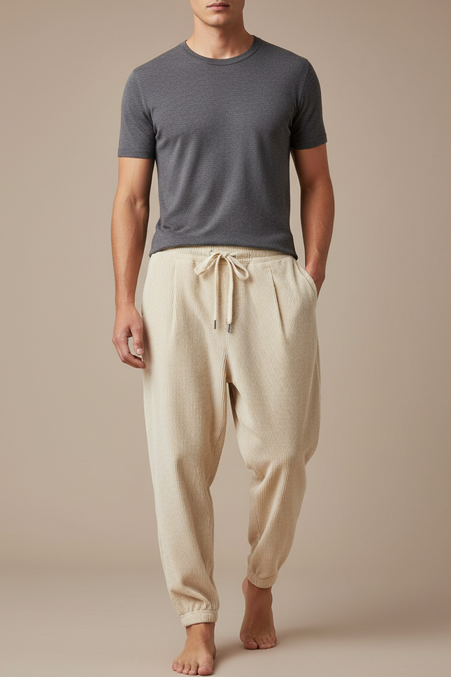 Pantalon Beige Côtelé Ample Décontracté Homme Cordon - Cordé