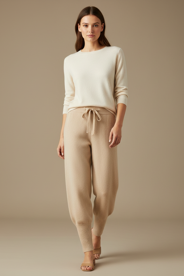 Pantalon Beige Ample Tricoté Cordon Doux Confortable - Maille