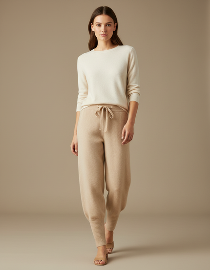 Pantalon Beige Ample Tricoté Cordon Doux Confortable - Maille