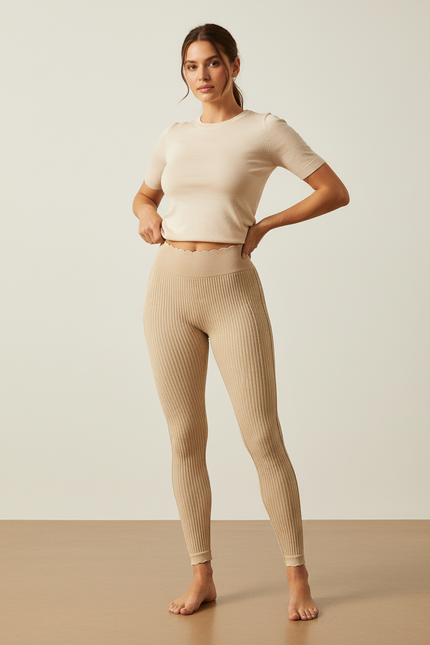 Pantalon Beige Côtelé Tricoté Extensible Taille Haute - Maille