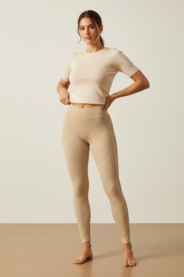 Pantalon Beige Côtelé Tricoté Extensible Taille Haute - Maille