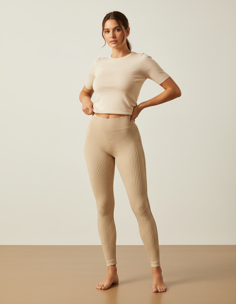 Pantalon Beige Côtelé Tricoté Extensible Taille Haute - Maille