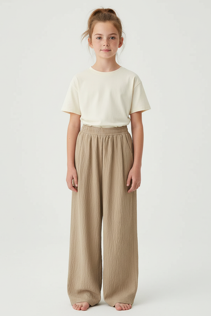 Pantalon Beige Ample Décontracté Confortable Coton Fille