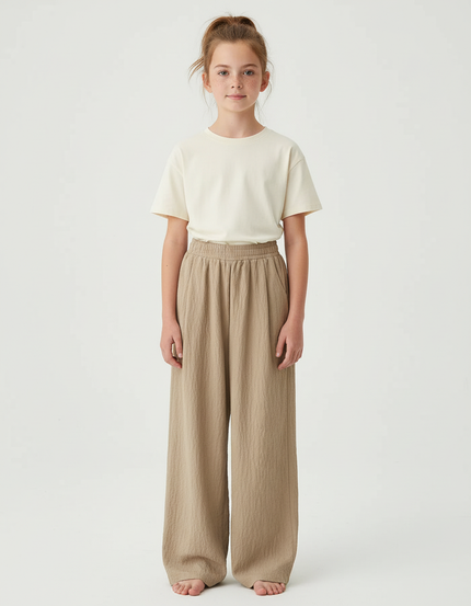 Pantalon Beige Ample Décontracté Confortable Coton Fille