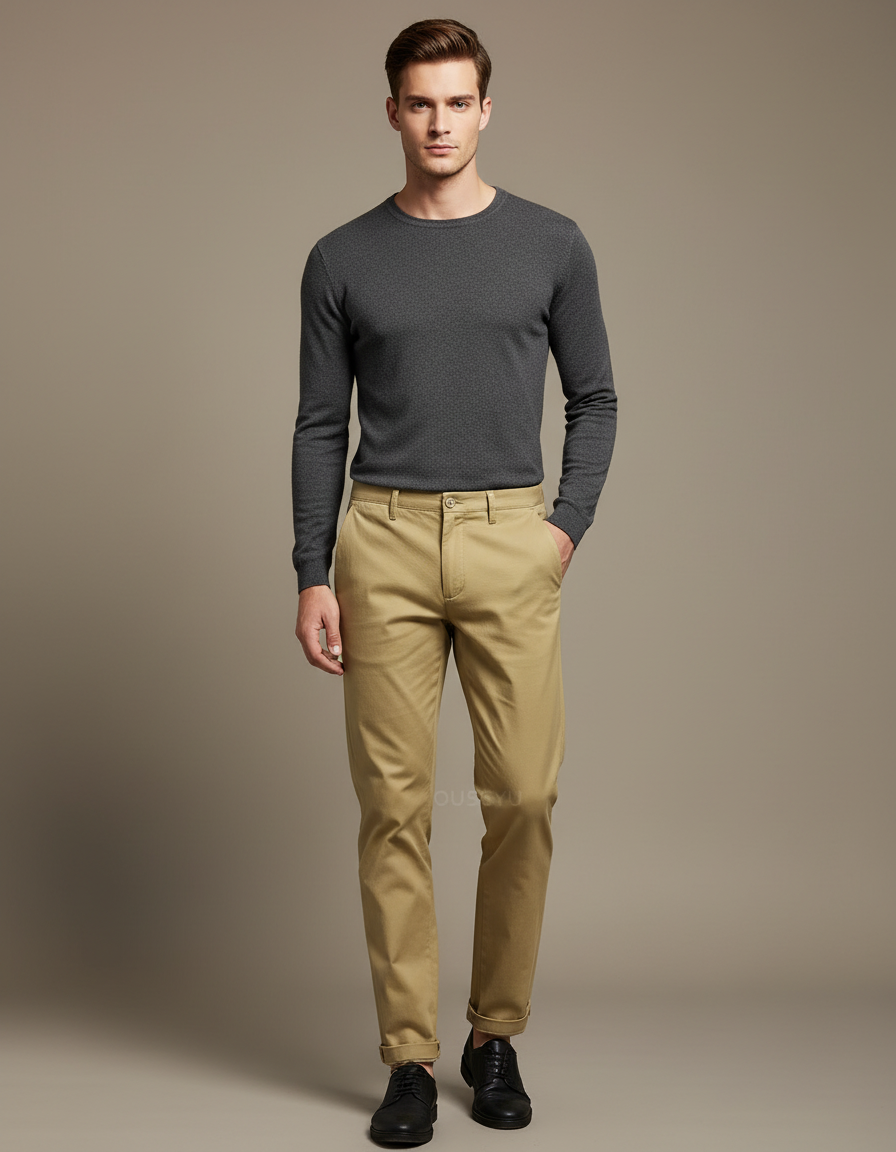 Pantalon Beige Homme Chino Slim Coton Stretch
