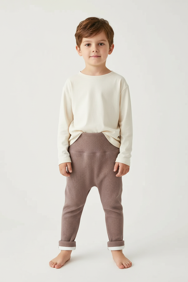 Pantalon Beige Côtelé Élastique Chaud Hiver Enfant - Maille