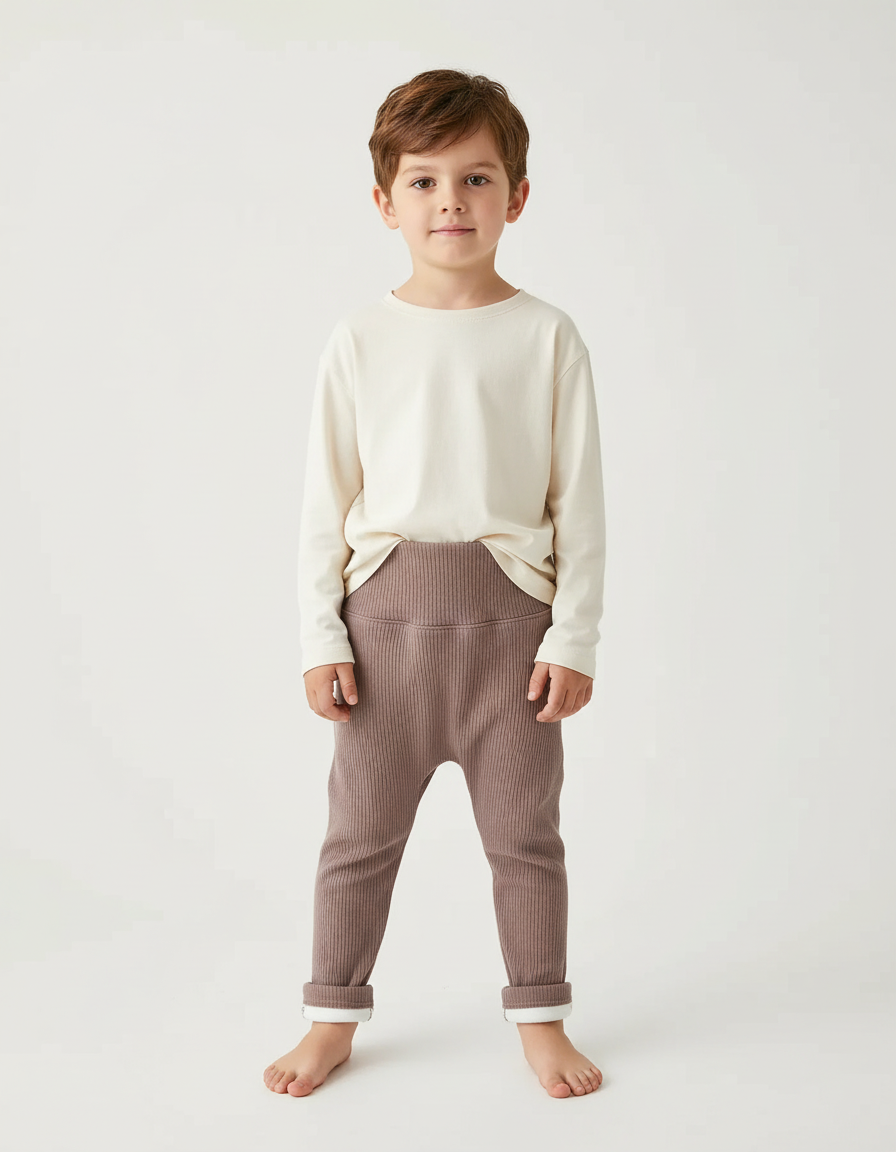 Pantalon Beige Côtelé Élastique Chaud Hiver Enfant - Maille
