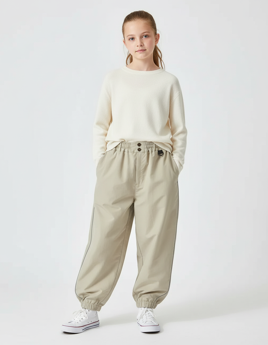 Pantalon Beige Cargo Ample Décontracté Enfant Fille - Gabardine