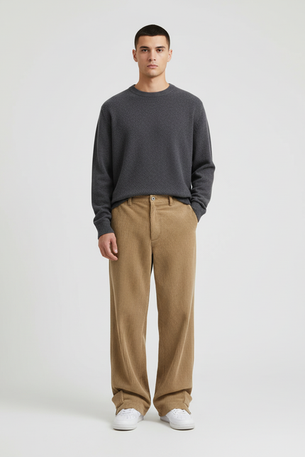 Pantalon Beige Côtelé Ample Décontracté Homme Moderne - Camel Cordé