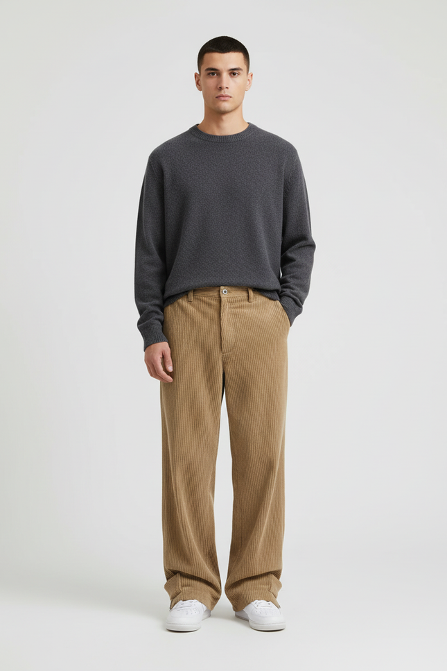 Pantalon Beige Côtelé Ample Décontracté Homme Moderne - Camel Cordé