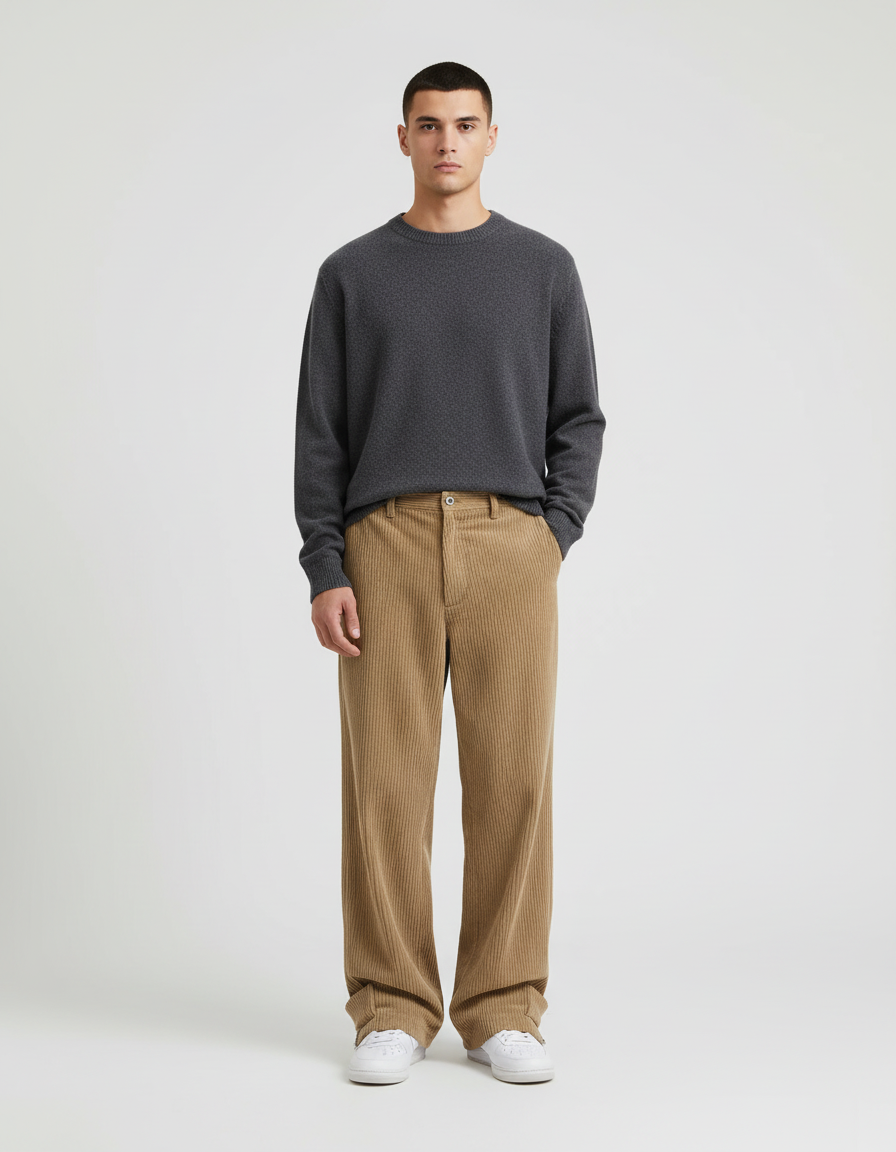 Pantalon Beige Côtelé Ample Décontracté Homme Moderne - Camel Cordé