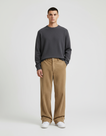 Pantalon Beige Côtelé Ample Décontracté Homme Moderne - Camel Cordé
