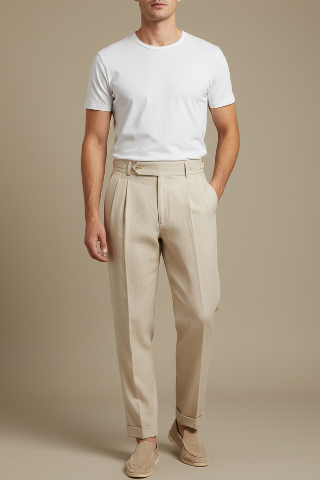 Pantalon Beige Coton Lin Droit Homme Élégant