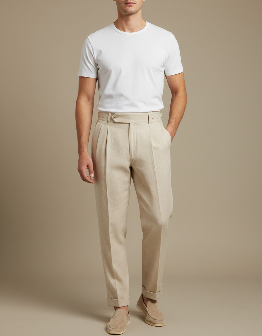 Pantalon Beige Coton Lin Droit Homme Élégant
