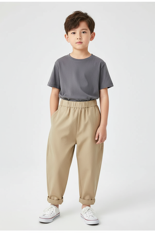 Pantalon Beige Coton Ample Garçon Décontracté