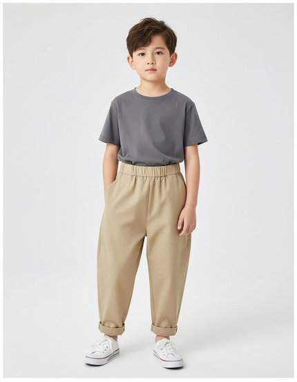 Pantalon Beige Coton Ample Garçon Décontracté