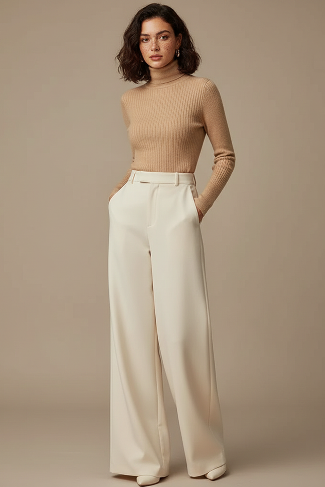Pantalon Beige Taille Haute Ample Fluide Élégant - Polyester