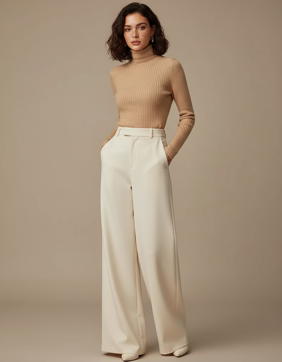 Pantalon Beige Taille Haute Ample Fluide Élégant - Polyester