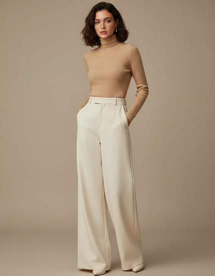 Pantalon Beige Taille Haute Ample Fluide Élégant - Polyester