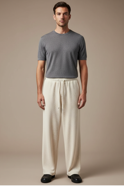 Pantalon Beige Côtelé Homme Ample Décontracté Cordon - Cordé
