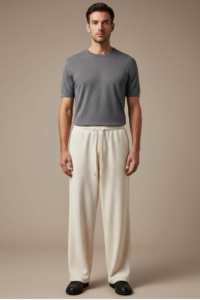 Pantalon Beige Côtelé Homme Ample Décontracté Cordon - Cordé