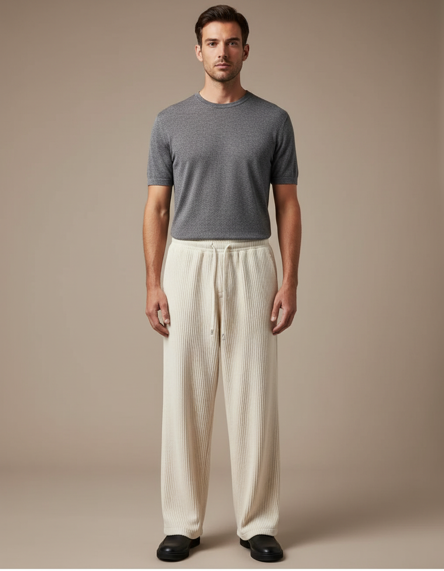 Pantalon Beige Côtelé Homme Ample Décontracté Cordon - Cordé
