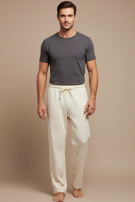 Pantalon Beige Coton Ample Motif Pois Confortable Homme