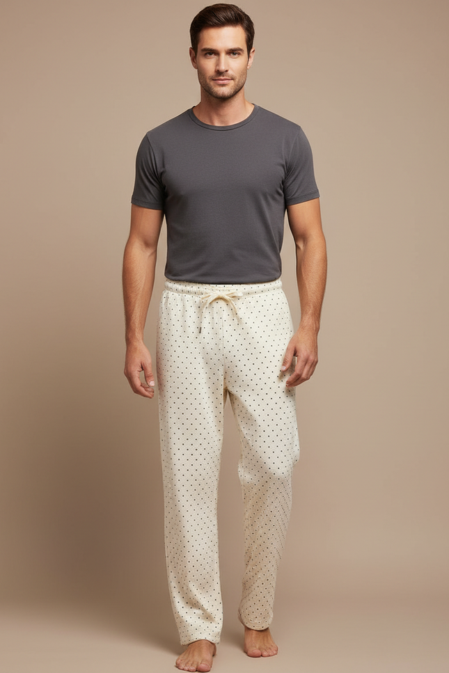 Pantalon Beige Coton Ample Motif Pois Confortable Homme