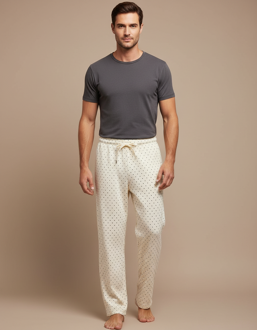 Pantalon Beige Coton Ample Motif Pois Confortable Homme