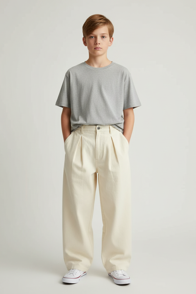 Pantalon Beige Plissé Ample Coton Enfant Décontracté