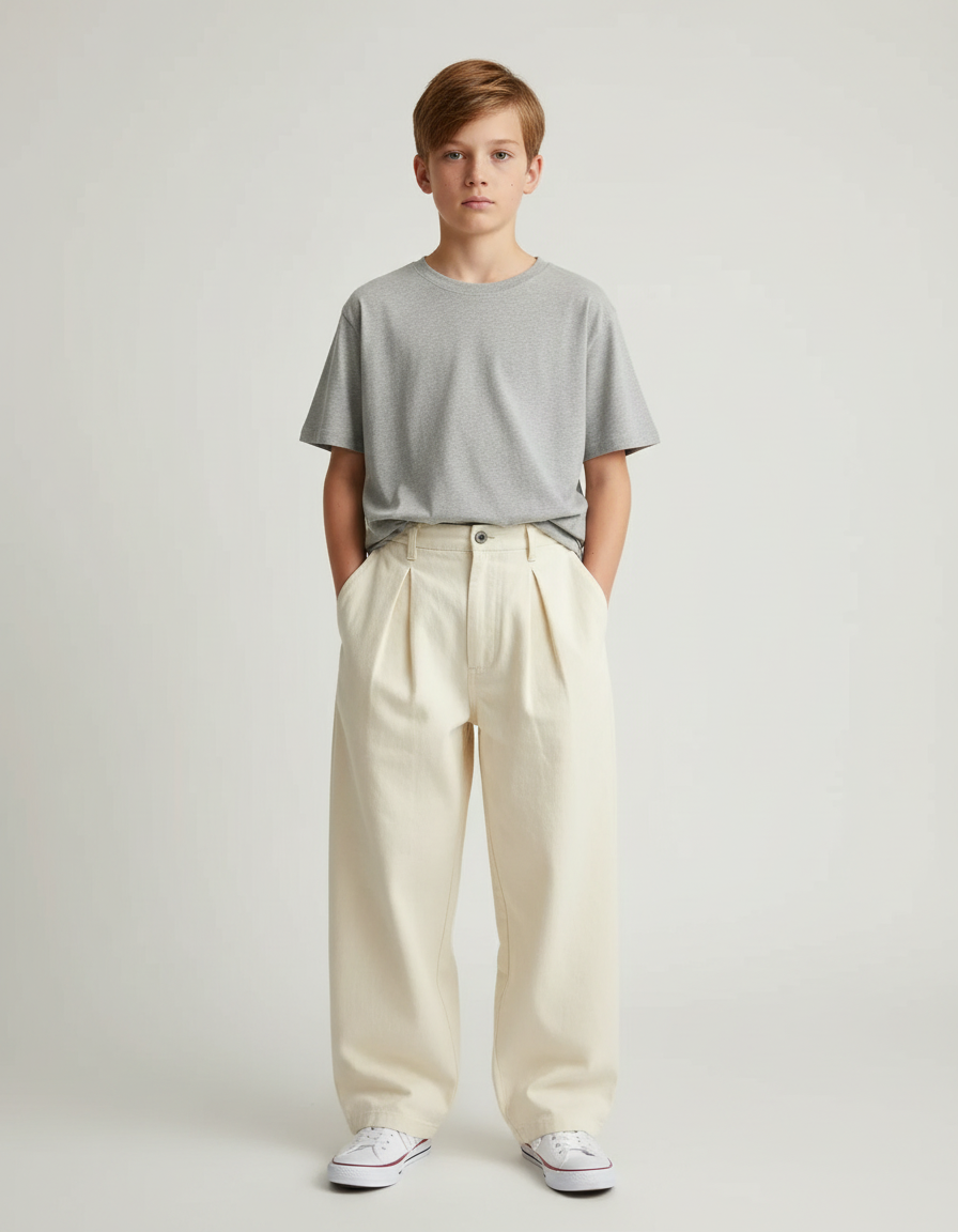 Pantalon Beige Plissé Ample Coton Enfant Décontracté