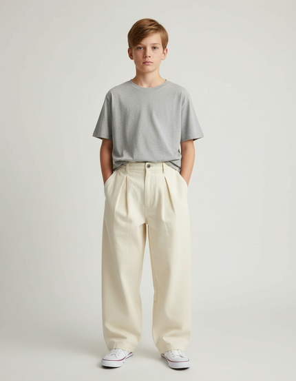 Pantalon Beige Plissé Ample Coton Enfant Décontracté