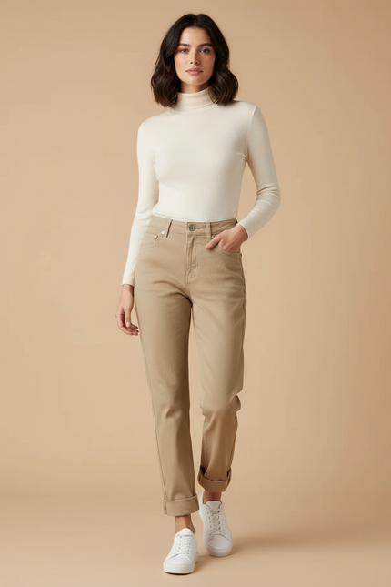 Pantalon Beige Droit Taille Haute Décontracté Femme - Gabardine