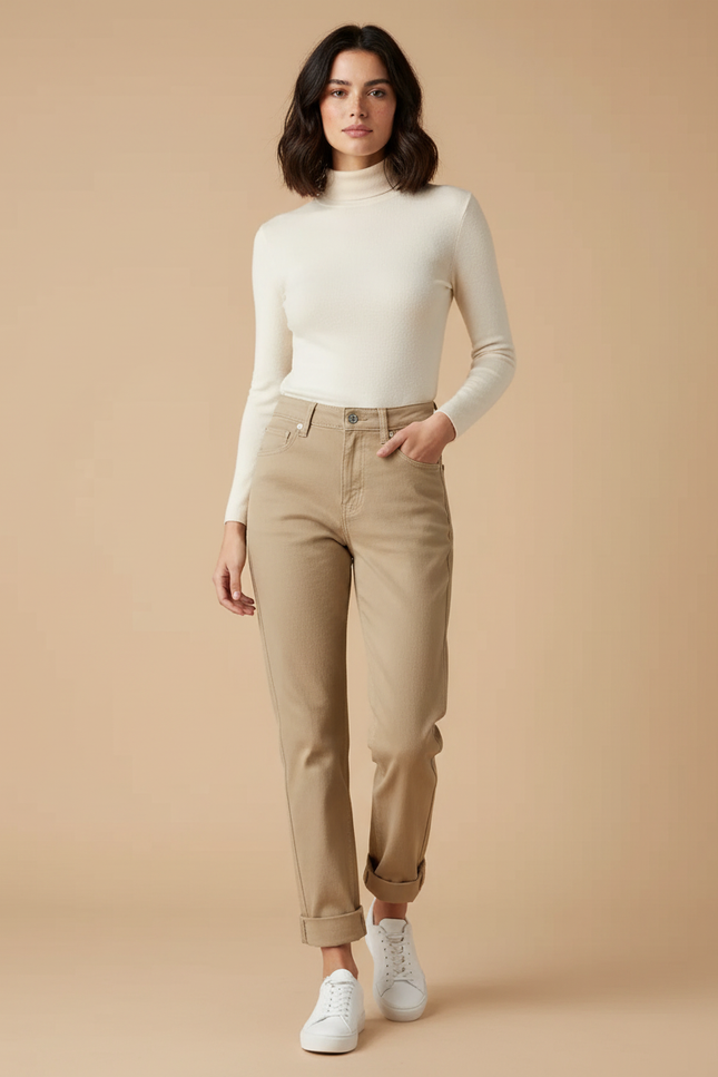 Pantalon Beige Droit Taille Haute Décontracté Femme - Gabardine