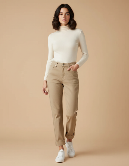 Pantalon Beige Droit Taille Haute Décontracté Femme - Gabardine