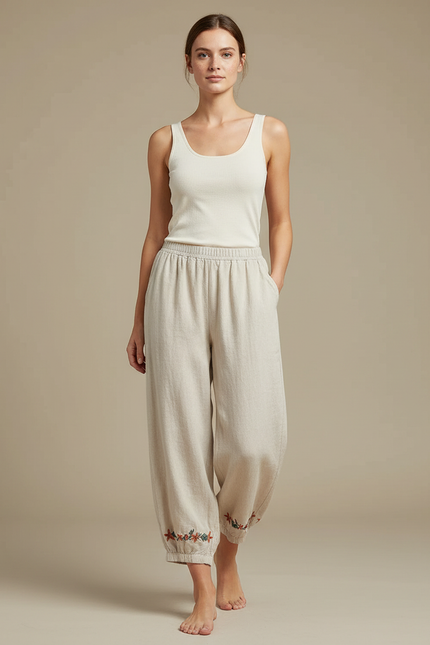 Pantalon Beige Ample Coton Lin Brodé Femme