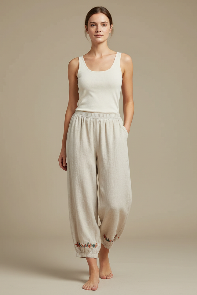 Pantalon Beige Ample Coton Lin Brodé Femme