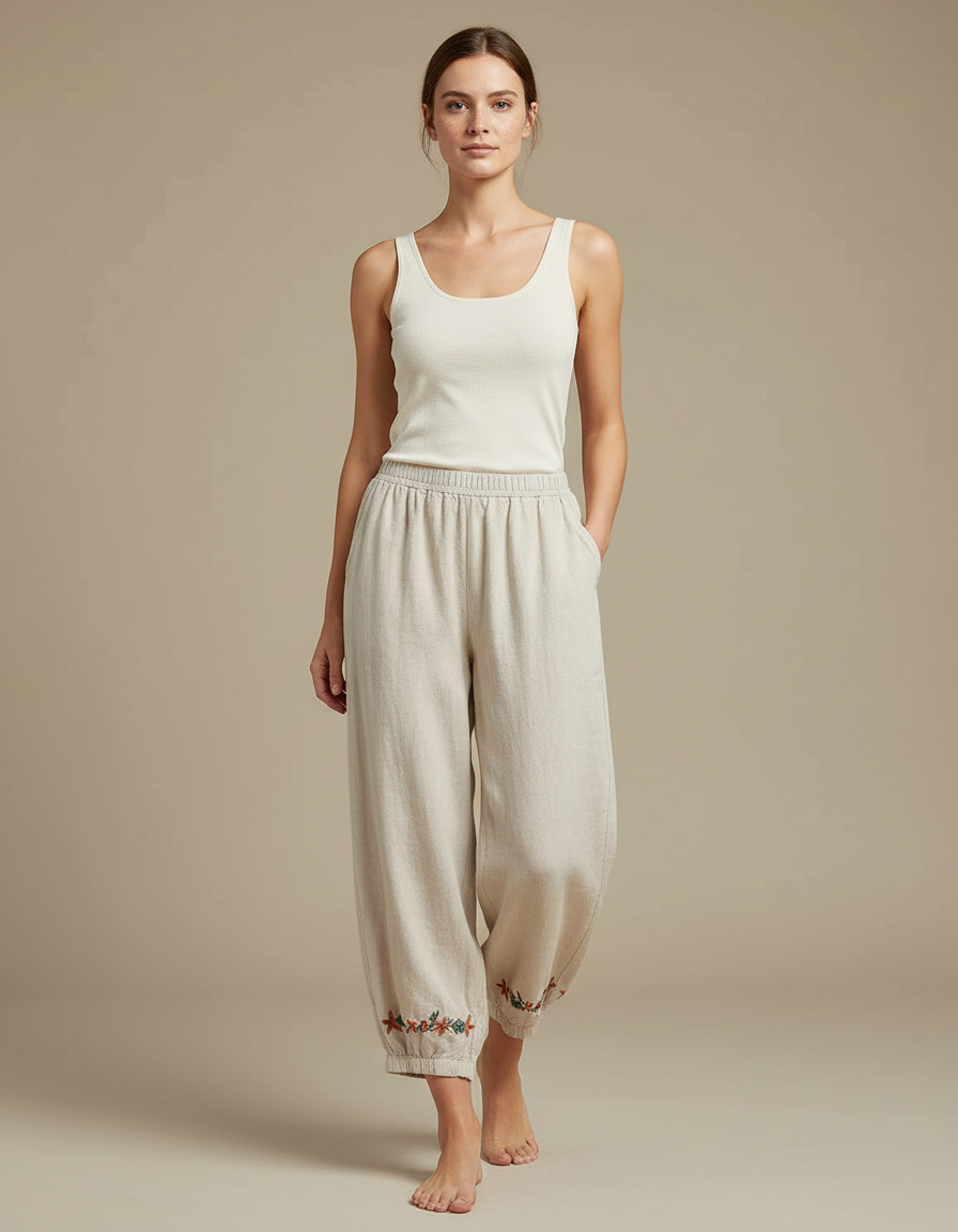 Pantalon Beige Ample Coton Lin Brodé Femme